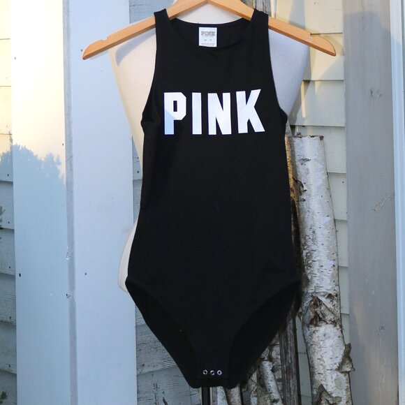 Victoria's Secret PINK Black Sleeveless Tank Logo Bodysuit Sz XS - Picture 2 of 6